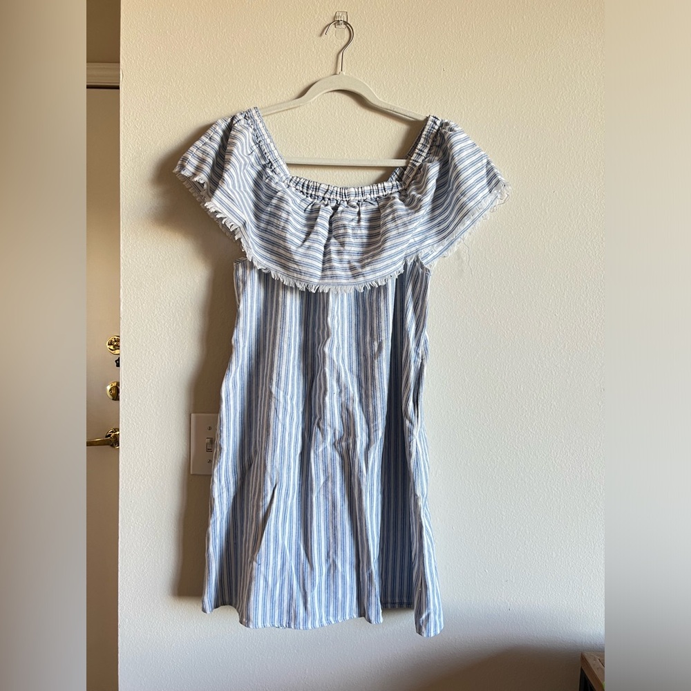 Paper Crane Blue and White Striped Off-Shoulder Dress